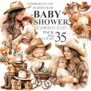 35 Aquarelle Baby Shower Clipart Cowboy Baby Bundle Digital Clip Art, Nouveau-né Pépinière PNG Illustration transparente Brown Country Babyshower