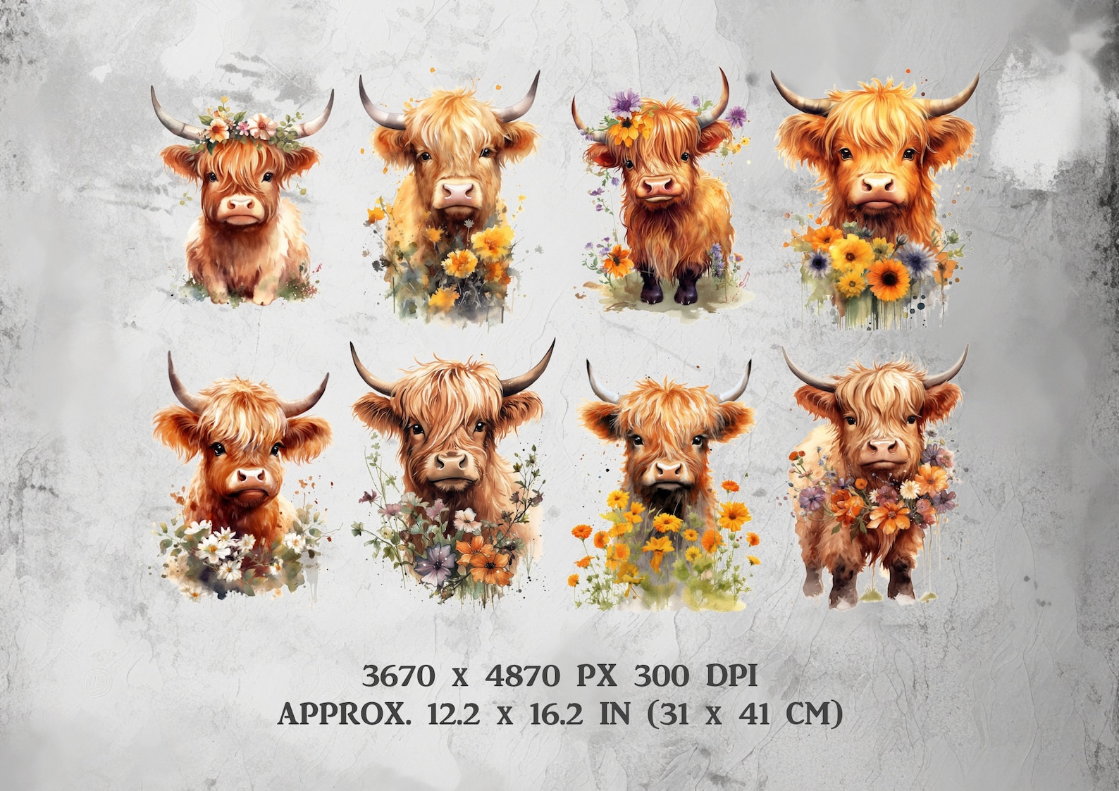 25 Highland Cows With Flowers Clipart, Watercolor Cute Cow PNG Digital ...