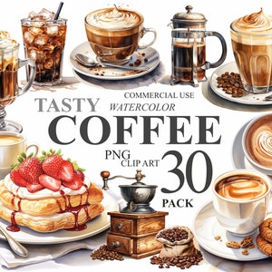 30 Tasty Coffee Clipart, aquarela Morning Food PNG Digital Clip art, ilustração de menu, expresso, latte, pacote de clip art para pausa para café