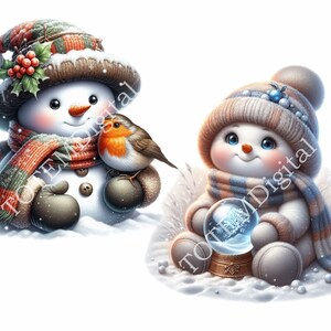 Pu&ograve; includere: Due pupazzi di neve, uno con una sciarpa rossa e verde e che tiene un pettirosso, l'altro con una sciarpa blu e marrone e che tiene una palla di neve.