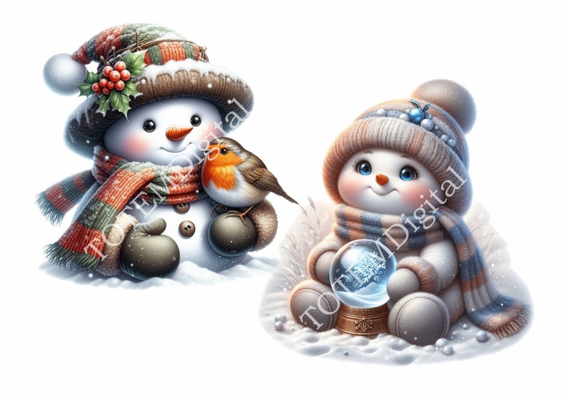 Pu&ograve; includere: Due pupazzi di neve, uno con una sciarpa rossa e verde e che tiene un pettirosso, l'altro con una sciarpa blu e marrone e che tiene una palla di neve.