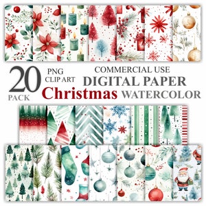 20 Watercolor Christmas Digital Paper Pack, Xmas Doodle Seamless Pattern Scrapbook, Printable Holiday Backgrounds, Commercial Use 300 DPI