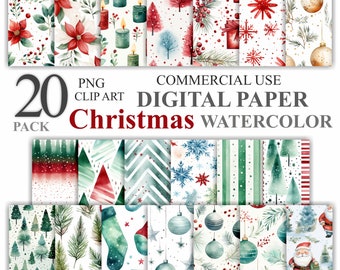 20 Watercolor Christmas Digital Paper Pack, Xmas Doodle Seamless Pattern Scrapbook, Printable Holiday Backgrounds, Commercial Use 300 DPI