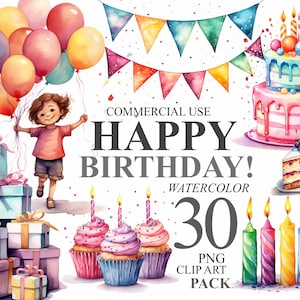 Lot de 30 cliparts joyeux anniversaire aquarelle fête des enfants clipart numérique, illustration PNG transparente pour chambre d'enfant aquarelle, art de la célébration