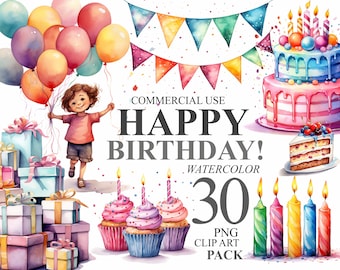30 Happy Birthday Clipart Bundle Watercolor Kids Party Digital Clip Art, Watercolour Nursery PNG Transparent illustration, Celebration Art