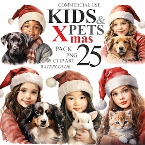 25 imágenes prediseñadas de niños y mascotas de Navidad en acuarela, paquete de imágenes prediseñadas digitales de niños y animales de feliz Navidad, ilustración de invierno transparente PNG
