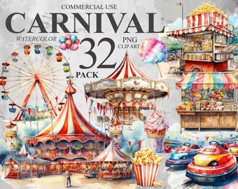 32 Summer Carnival Clipart, Watercolor Fair Festival PNG Digital Clip Art, Vacation Clipart Bundle, Kids Travel Illustrations, 300 DPI