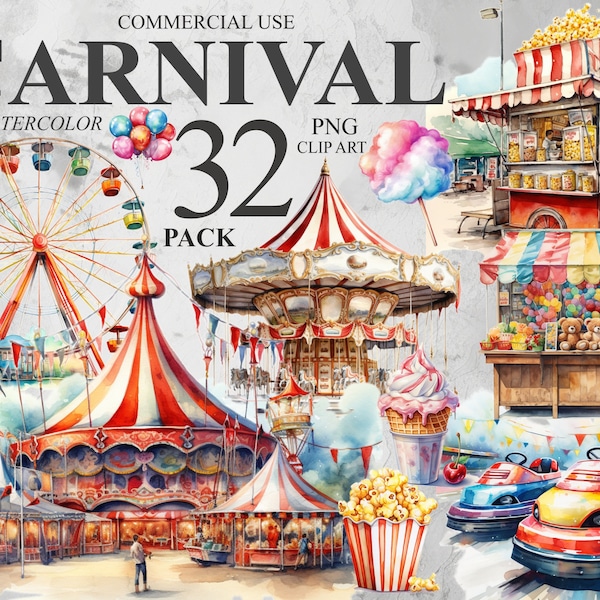 32 cliparts de carnaval d'été, aquarelle fête foraine PNG numérique Clip Art, lot de cliparts vacances, illustrations de voyage pour enfants, 300 DPI