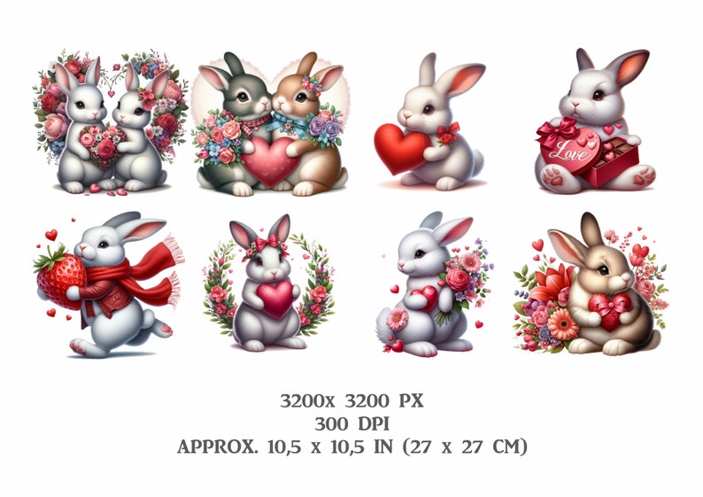 25 Watercolor Valentine Bunnies Pack, February 14th Cute Rabbits Clip ...