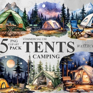 25 campingtenten clipart, aquarel schattige camper png digitale illustraties, buitenvakantie clipart bundel, bos reizen illustraties, 300 dpi