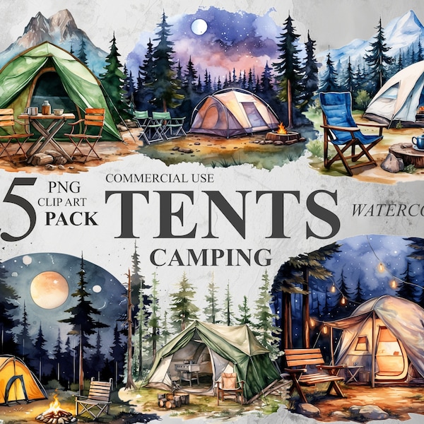 25 Camping Zelte Clipart, Aquarell niedliche Camper PNG digitale ClipArt, Outdoor Urlaub Clipart Bundle, Wald Reise Illustrationen, 300 DPI