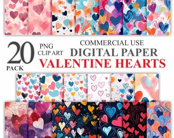 Lot de 20 coeurs en papier numérique pour la Saint-Valentin, scrapbooking modèle sans couture du 14 février, arrière-plan romantique imprimable, usage commercial