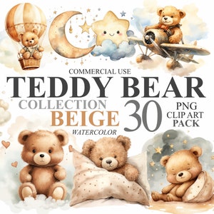 30 Watercolor Teddy Bear Collection Beige Clipart, Boy Baby Shower Bundle Digital Clip Art, Newborn Nursery PNG Transparent Illustrations
