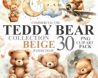 Puede incluir: Una colección de 30 ilustraciones de acuarela con osos de peluche beige en varias poses. Los osos se representan en una variedad de entornos, incluyendo un globo aerostático, un avión, una cama y una luna. Las ilustraciones son perfectas para usar en scrapbooking digital, creación de tarjetas y otros proyectos creativos.