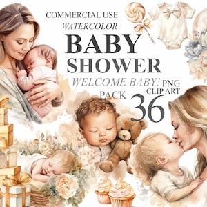 36 Clipart per baby shower ad acquerello, Welcome Baby Bundle, Clip art digitale, illustrazione trasparente per la cameretta dei neonati, Babyshower beige