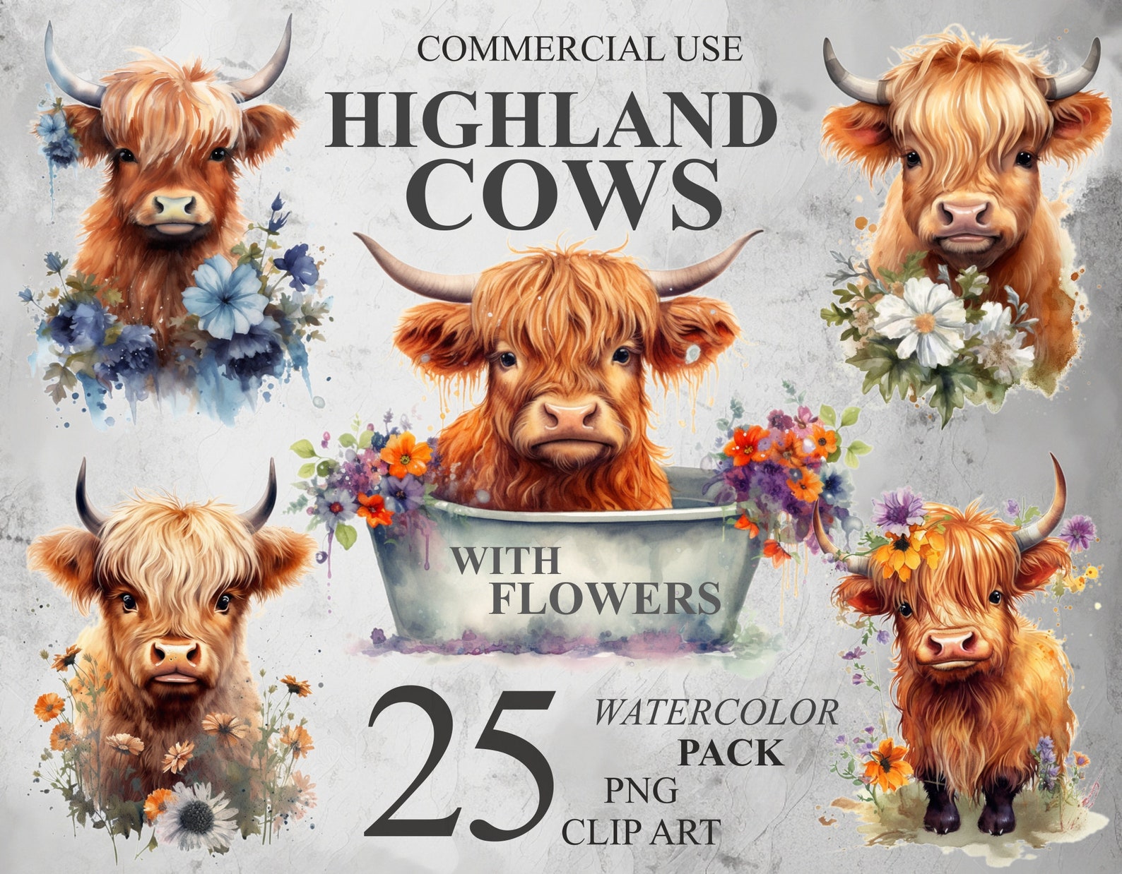 25 Highland Cows With Flowers Clipart, Watercolor Cute Cow PNG Digital ...