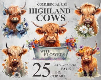 May include: A set of 25 watercolor illustrations of Highland cows with flowers. The cows are brown and white with long, shaggy hair. The flowers are in various colors, including pink, purple, and blue. The illustrations are perfect for creating digital or printed projects.
