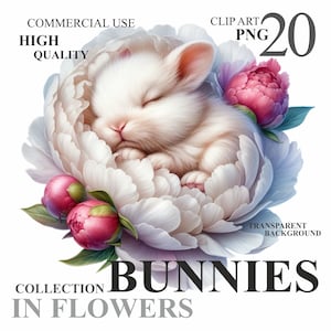 20 Watercolor Bunnies in Flowers Pack, Cute Easter Floral Rabbit PNG Clip art, Spring Baby Bunny Nursery Clipart Bundle, Commercial Use