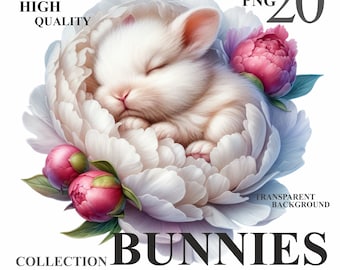 Paquete de 20 conejitos de acuarela con flores, lindas imágenes prediseñadas de conejos de Pascua con flores PNG, paquete de imágenes prediseñadas de conejitos de primavera para guardería, uso comercial