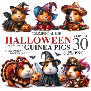 Paquete de 30 conejillos de indias de Halloween, animales lindos en acuarela PNG, paquete de imágenes prediseñadas de mascota con disfraz de bruja fantasma en acuarela, uso comercial 300 DPI