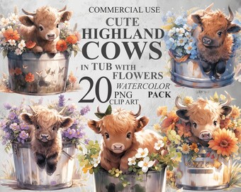May include: A set of 20 watercolor PNG clip art images featuring cute Highland cows in tubs with flowers. The cows are brown and white with fluffy fur. The tubs are metal and have a rustic look. The flowers are a variety of colors, including pink, purple, blue, and yellow.