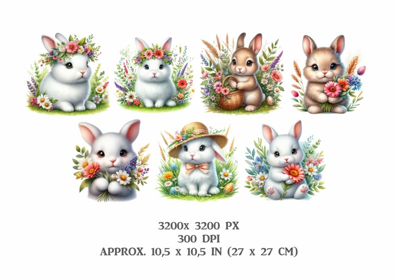 15 Watercolor Spring Bunny Pack, Cute Easter Rabbit With Flowers PNG ...