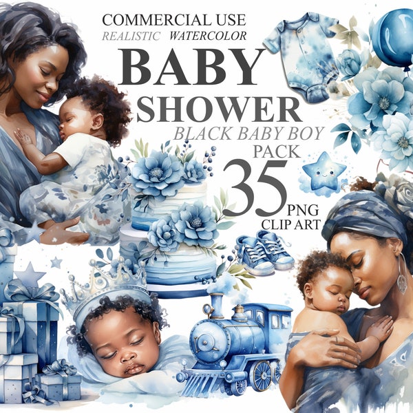 35 Watercolor Baby Shower Clipart Black Baby Boy Bundle Digital Clip Art, Newborn Nursery PNG Transparent illustration, Gender Reveal