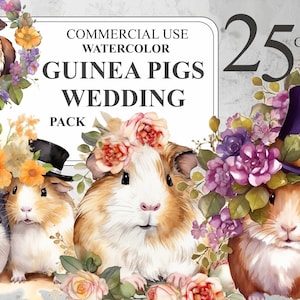 Paquete de boda de conejillos de indias en acuarela, 25 animales lindos de acuarela con flores PNG Clip art, paquete de imágenes prediseñadas de mascotas, uso comercial 300 DPI