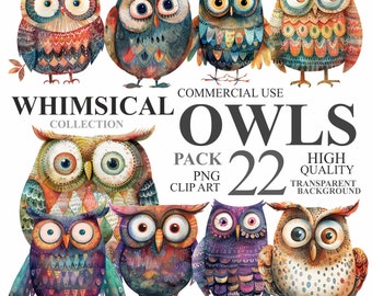 22 Whimsical Owls Clipart, Watercolor Funny Graphics PNG Digital Clip Art, Quirky Birds Clipart, Forest Bird Junk Journal Scrapbooking