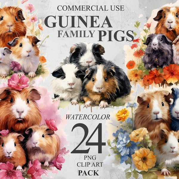 24 Watercolor Guinea Pigs Family with Flowers Pack, Watercolour Cute Animals PNG art, Pet Nursery Clipart Bundle, Commercial Use 300 DPI