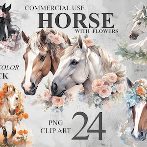 24 Cavalos com flores Clipart, Cavalo selvagem aquarela PNG Clip art digital, Desenhos de sublimação de cavalos, Pacote de clipart de animais transparentes