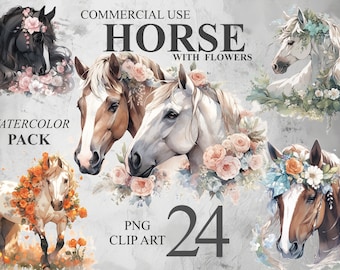 24 Horses with Flowers Clipart, Watercolor Wild Horse PNG Digital Clip art, Horse Sublimation Designs, Transparent Animal Clipart Bundle