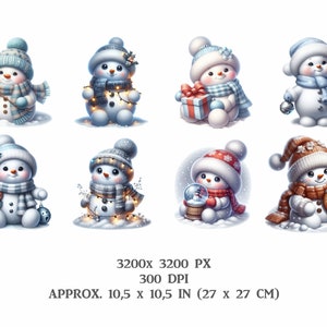 Pu&ograve; includere: Otto adorabili illustrazioni di pupazzi di neve con diversi temi natalizi invernali. Ogni pupazzo di neve indossa un cappello e una sciarpa e tiene un oggetto natalizio diverso, come una canna di zucchero, un regalo, un fiocco di neve e una palla di neve.