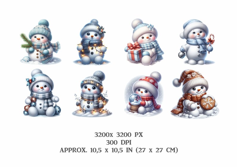 Pu&ograve; includere: Otto adorabili illustrazioni di pupazzi di neve con diversi temi natalizi invernali. Ogni pupazzo di neve indossa un cappello e una sciarpa e tiene un oggetto natalizio diverso, come una canna di zucchero, un regalo, un fiocco di neve e una palla di neve.