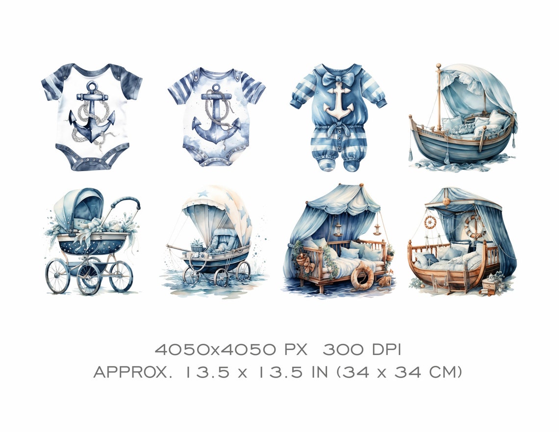 35 Watercolor Baby Shower Clipart Nautical Bundle Digital Clip Etsy