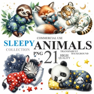 21 Watercolor Sleepy Animals Pack, Cute Nursery Sleeping Pet in Pajama PNG Clip art, Baby Shower Wildlife Clipart Bundle, Commercial Use