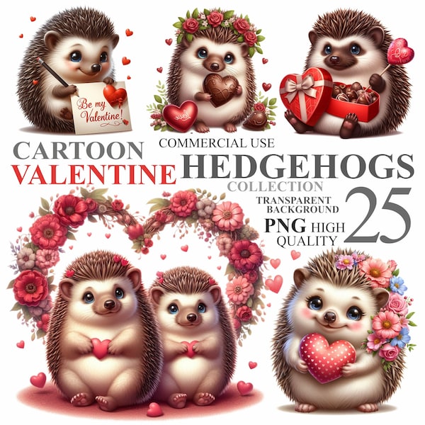25 Watercolor Valentine Hedgehog Pack, February 14th Cute Animals Clip Art Romantic Clipart Bundle, High Quality PNG, Commercial Use 300 DPI
