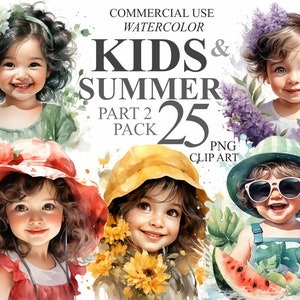 25 acuarelas para niños y verano, clipart, parte 2, paquete de imágenes prediseñadas digitales de niños felices, ilustración PNG transparente, diversión de verano para niños