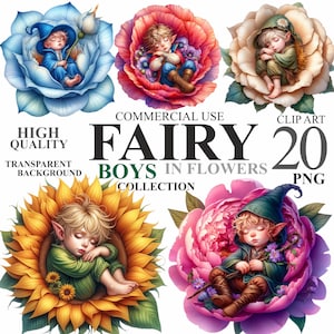 Paquete de 20 hadas de acuarela con flores, lindo elfo pequeño con flores PNG, paquete de imágenes prediseñadas de cuento de hadas de fantasía de duendes de primavera para uso comercial