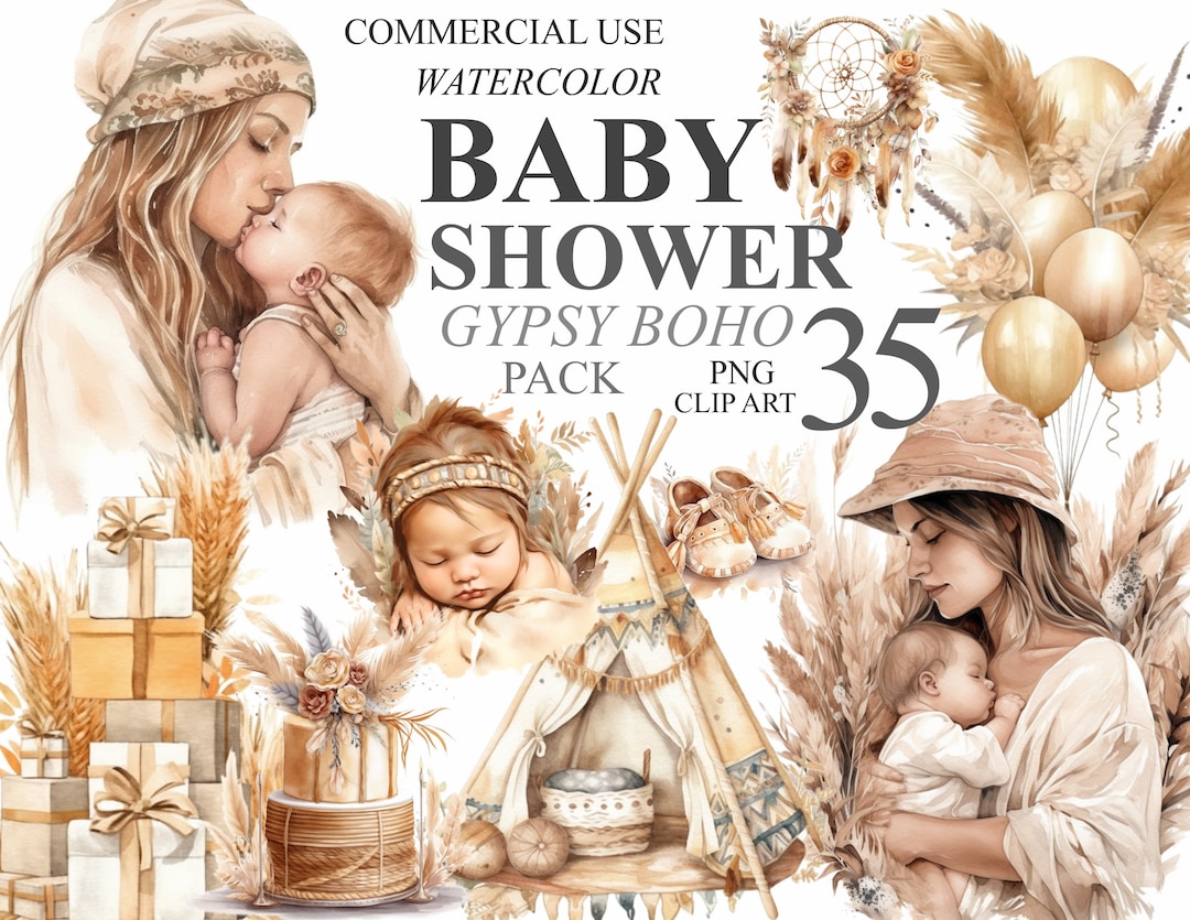 35 Watercolor Baby Shower Clipart Gypsy Boho Bundle Digital Clip Art ...