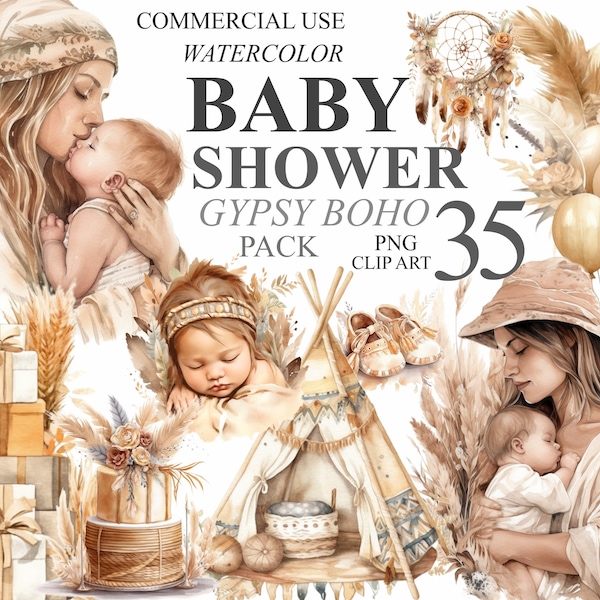 35 Watercolor Baby Shower Clipart Gypsy Boho Bundle Digital Clip Art, Newborn Nursery PNG Transparent illustration, Beige Babyshower