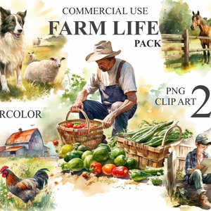 26 Farm Life Clipart, Cute Watercolor Farm Animals PNG Digital Clip Art Bundle, Junk Journal, Barn Tractor Illustration for Commercial Use