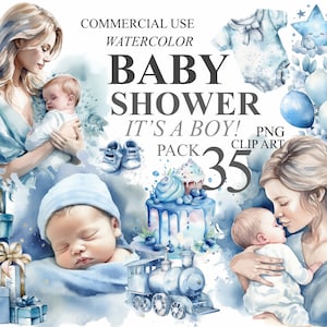 35 Aquarell Baby Shower Clipart Baby Boy Bundle Digital Clip Art, Neugeborene PNG transparente Illustration, Gender Reveal Babyshower