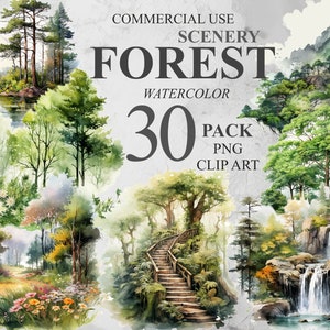 30 imágenes prediseñadas de paisajes forestales, árboles de bosques de acuarela PNG Clip Art digital, paquete de imágenes prediseñadas de paisajes naturales, ilustraciones de uso comercial