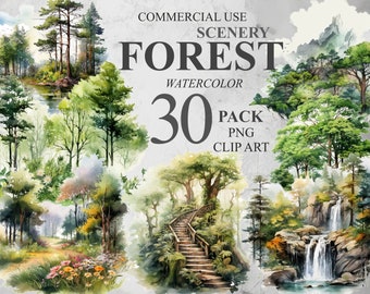 30 Forest Scenery Clipart, Watercolor Woodland Trees PNG Digital Clip Art, Nature Landscape Clipart Bundle, Commercial Use Illustrations