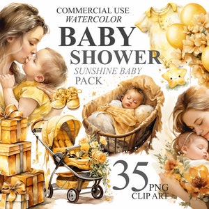 35 aquarel baby shower clipart Sunshine baby bundel digitale kunst, pasgeboren kwekerij transparante PNG-afbeelding, geel gouden babyshower