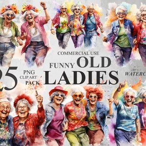 25 Funny Old Ladies Clipart, Watercolor Funny Women Dancing Digital Art, Elderly People PNG Transparent illustration, Commercial Use