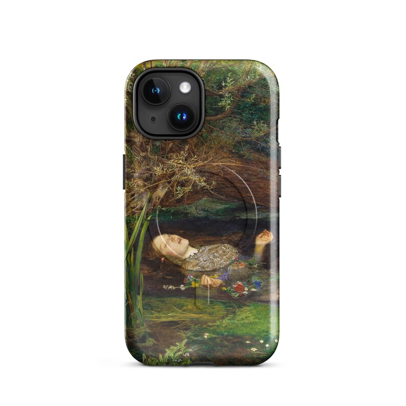 May include: A phone case featuring a painting of a woman floating in water, surrounded by flowers and greenery. The artwork depicts a serene scene with muted colors and a dreamlike quality. The case is black.