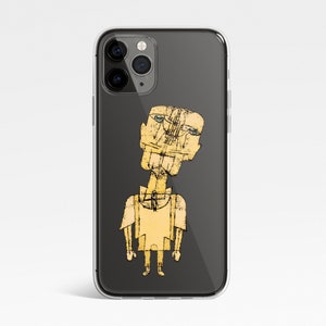 May include: A clear phone case with a black background and a yellow cartoon illustration of a person with a large head and small body.