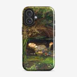 May include: A phone case featuring a painting of a woman floating in water, surrounded by greenery. The artwork has a classical style with muted colors, depicting a serene scene with a sense of tranquility. The case is designed to fit a smartphone.